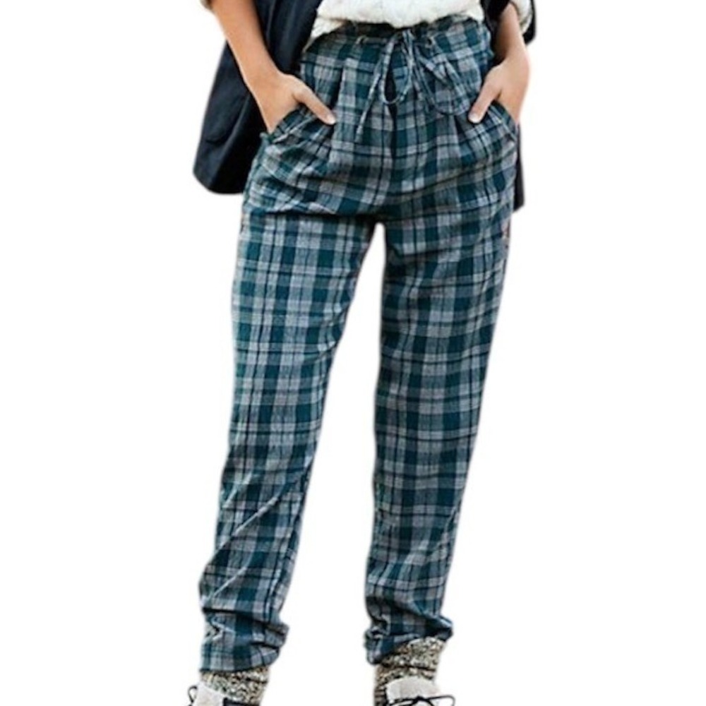 Free People Plaid High Rise Paperbag Waist Tie Front Pants Women Size 2 Green